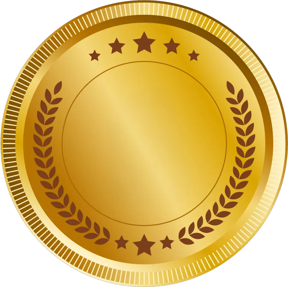 Gold medallion with a laurel wreath and stars, for exchange rate questions at Here2Win Casino