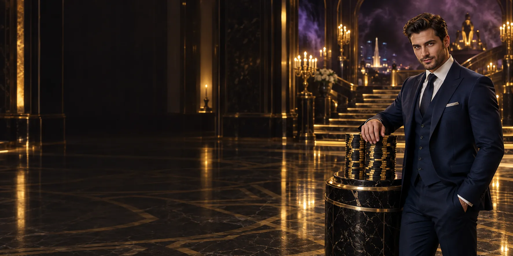 Man in a navy suit leaning on stacked black and gold chips in a marble lobby at Here2Win Casino